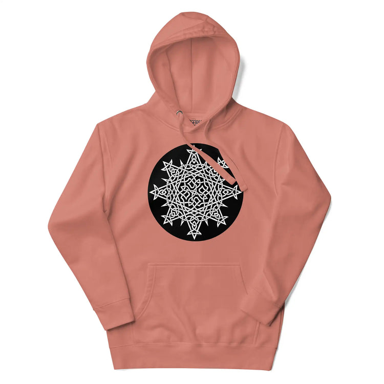 A dusty rose Xigfireon graphic hoodie featuring the Black & White Circle iteration of the Morning Star Fire Celtic knot design. The Morning Star Fire Celtic knot symbolizes the Sun.