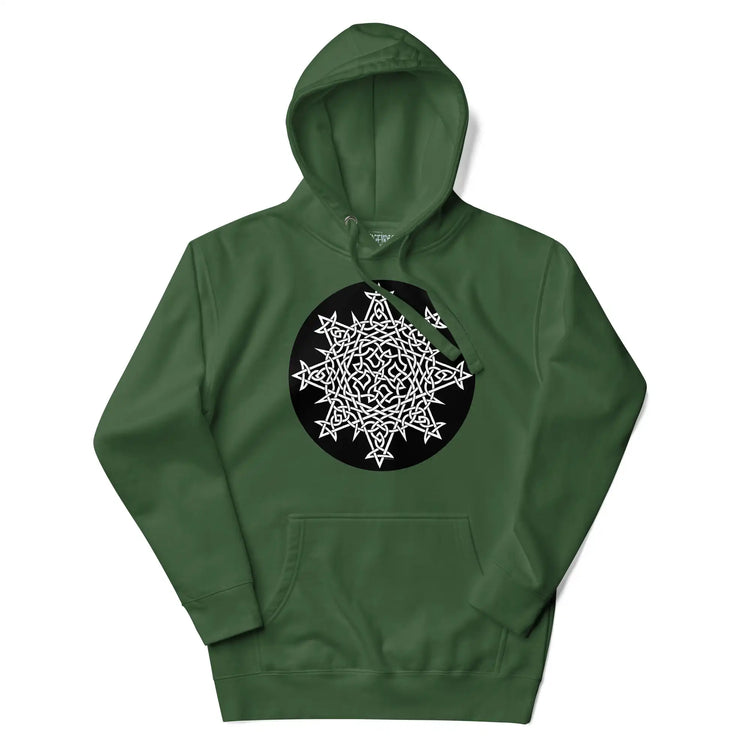A forest green Xigfireon graphic hoodie featuring the Black & White Circle iteration of the Morning Star Fire Celtic knot design. The Morning Star Fire Celtic knot symbolizes the Sun.
