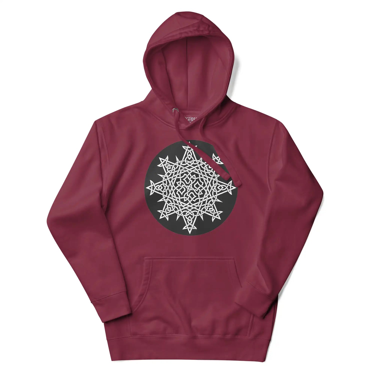 A maroon Xigfireon graphic hoodie featuring the Black & White Circle iteration of the Morning Star Fire Celtic knot design. The Morning Star Fire Celtic knot symbolizes the Sun.