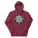 A maroon Xigfireon graphic hoodie featuring the Black & White Circle iteration of the Morning Star Fire Celtic knot design. The Morning Star Fire Celtic knot symbolizes the Sun.