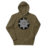 A military green Xigfireon graphic hoodie featuring the Black & White Circle iteration of the Morning Star Fire Celtic knot design. The Morning Star Fire Celtic knot symbolizes the Sun.