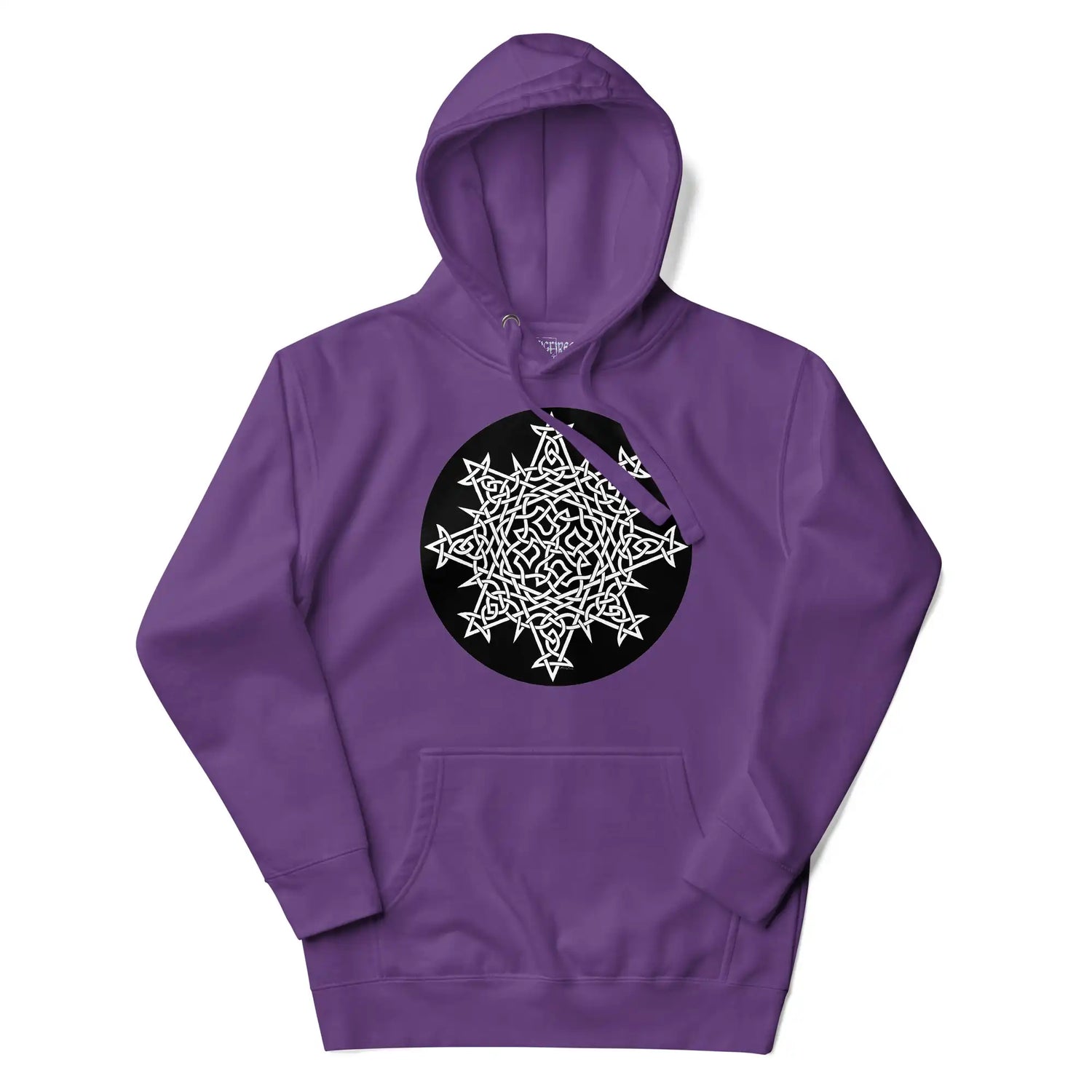 A purple Xigfireon graphic hoodie featuring the Black & White Circle iteration of the Morning Star Fire Celtic knot design. The Morning Star Fire Celtic knot symbolizes the Sun.