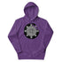 A purple Xigfireon graphic hoodie featuring the Black & White Circle iteration of the Morning Star Fire Celtic knot design. The Morning Star Fire Celtic knot symbolizes the Sun.