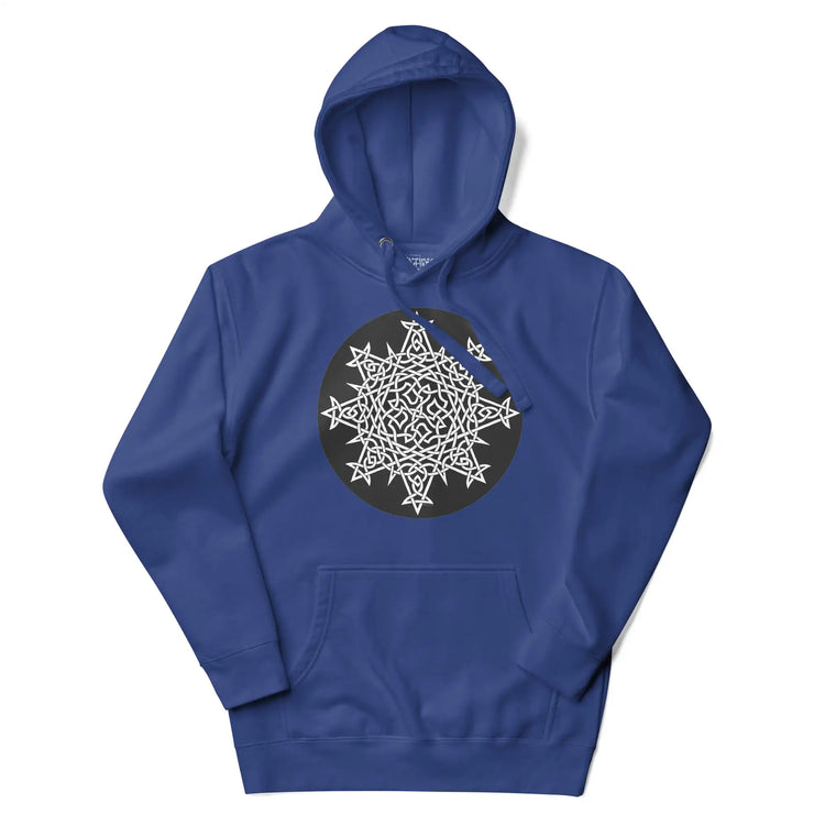 A royal blue Xigfireon graphic hoodie featuring the Black & White Circle iteration of the Morning Star Fire Celtic knot design. The Morning Star Fire Celtic knot symbolizes the Sun.