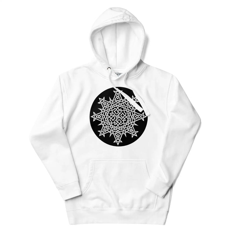 A white Xigfireon graphic hoodie featuring the Black & White Circle iteration of the Morning Star Fire Celtic knot design. The Morning Star Fire Celtic knot symbolizes the Sun.