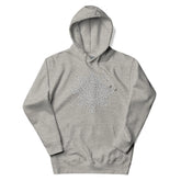 A carbon grey Xigfireon graphic hoodie featuring the Black & White Hollow iteration of the Morning Star Fire Celtic knot design. This Celtic knot symbolizes the Sun.