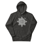 A charcoal heather Xigfireon graphic hoodie featuring the Black & White Hollow iteration of the Morning Star Fire Celtic knot design. This Celtic knot symbolizes the Sun.