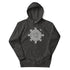 A charcoal heather Xigfireon graphic hoodie featuring the Black & White Hollow iteration of the Morning Star Fire Celtic knot design. This Celtic knot symbolizes the Sun.