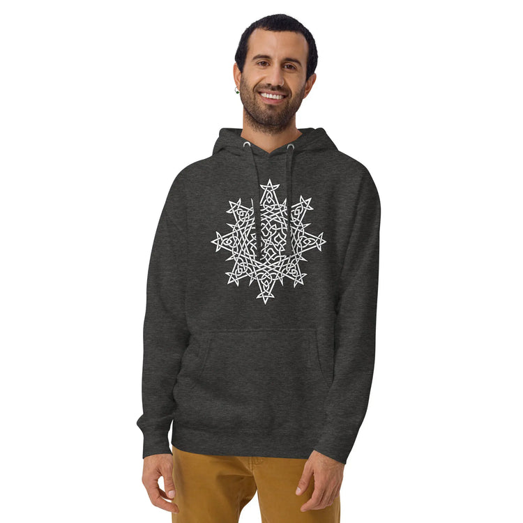 A young man wearing a charcoal heather Xigfireon graphic hoodie featuring the Black & White Hollow iteration of the Morning Star Fire Celtic knot design. The Morning Star Fire Celtic knot represents the Sun.