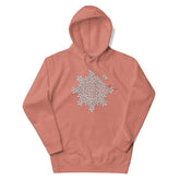 A dusty rose Xigfireon graphic hoodie featuring the Black & White Hollow iteration of the Morning Star Fire Celtic knot design. This Celtic knot symbolizes the Sun.