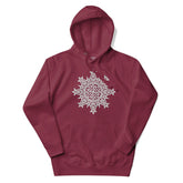 A maroon Xigfireon graphic hoodie featuring the Black & White Hollow iteration of the Morning Star Fire Celtic knot design. This Celtic knot symbolizes the Sun.