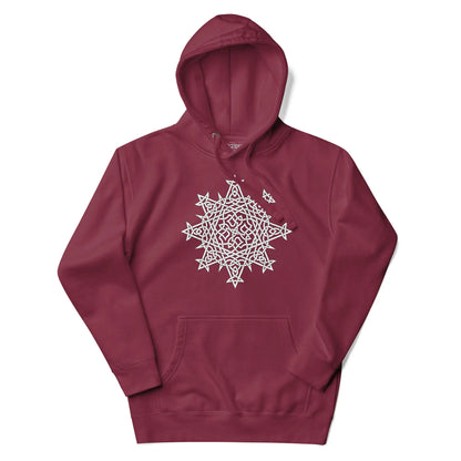 A maroon Xigfireon graphic hoodie featuring the Black &amp; White Hollow iteration of the Morning Star Fire Celtic knot design. This Celtic knot symbolizes the Sun.