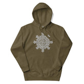 A military green Xigfireon graphic hoodie featuring the Black & White Hollow iteration of the Morning Star Fire Celtic knot design. This Celtic knot symbolizes the Sun.
