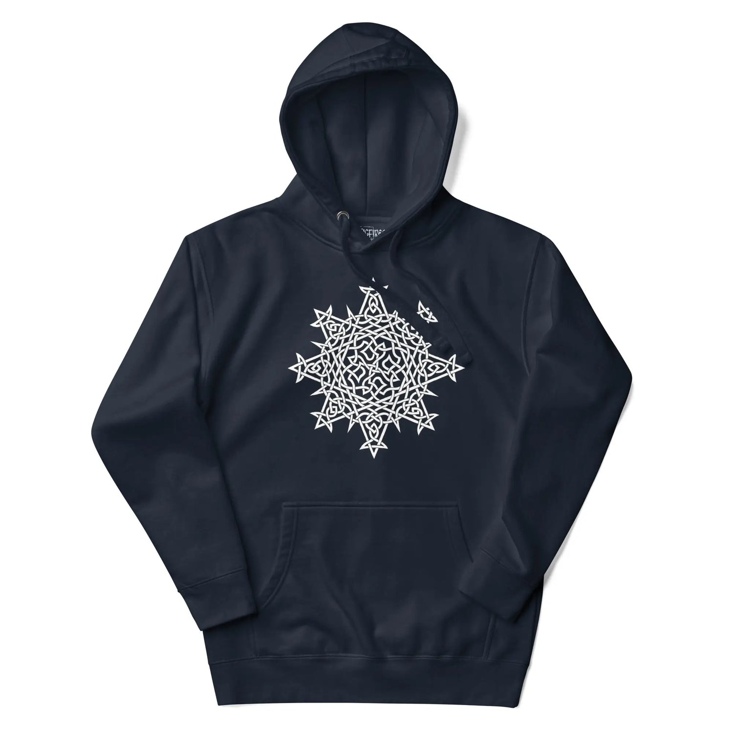 A navy blazer blue Xigfireon graphic hoodie featuring the Black & White Hollow iteration of the Morning Star Fire Celtic knot design. This Celtic knot symbolizes the Sun.