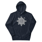 A navy blazer blue Xigfireon graphic hoodie featuring the Black & White Hollow iteration of the Morning Star Fire Celtic knot design. This Celtic knot symbolizes the Sun.