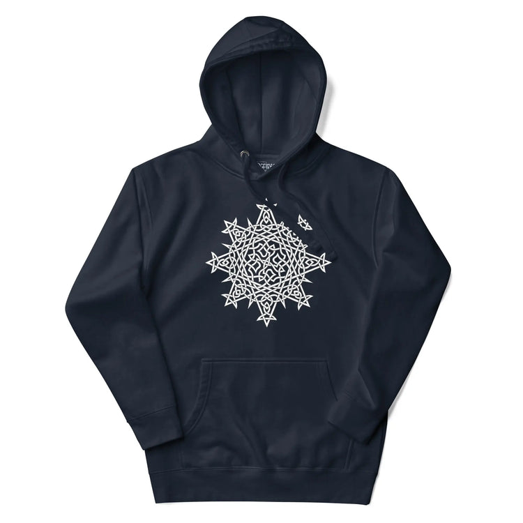 A navy blazer blue Xigfireon graphic hoodie featuring the Black & White Hollow iteration of the Morning Star Fire Celtic knot design. This Celtic knot symbolizes the Sun.