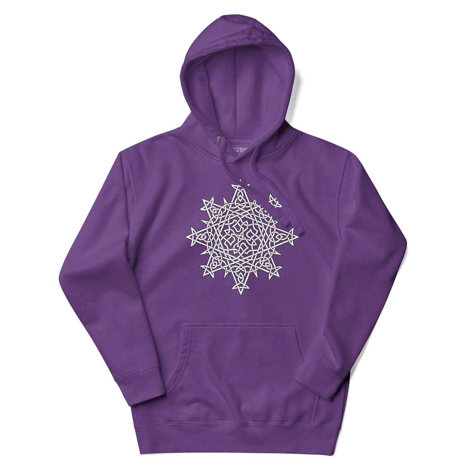 A purple Xigfireon graphic hoodie featuring the Black & White Hollow iteration of the Morning Star Fire Celtic knot design. This Celtic knot symbolizes the Sun.