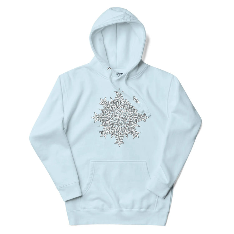 A sky blue Xigfireon graphic hoodie featuring the Black & White Hollow iteration of the Morning Star Fire Celtic knot design. This Celtic knot symbolizes the Sun.