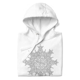A close-up view of a folded white Xigfireon graphic hoodie featuring the Black & White Hollow iteration of the Morning Star Fire Celtic knot design. This Celtic knot symbolizes the Sun.