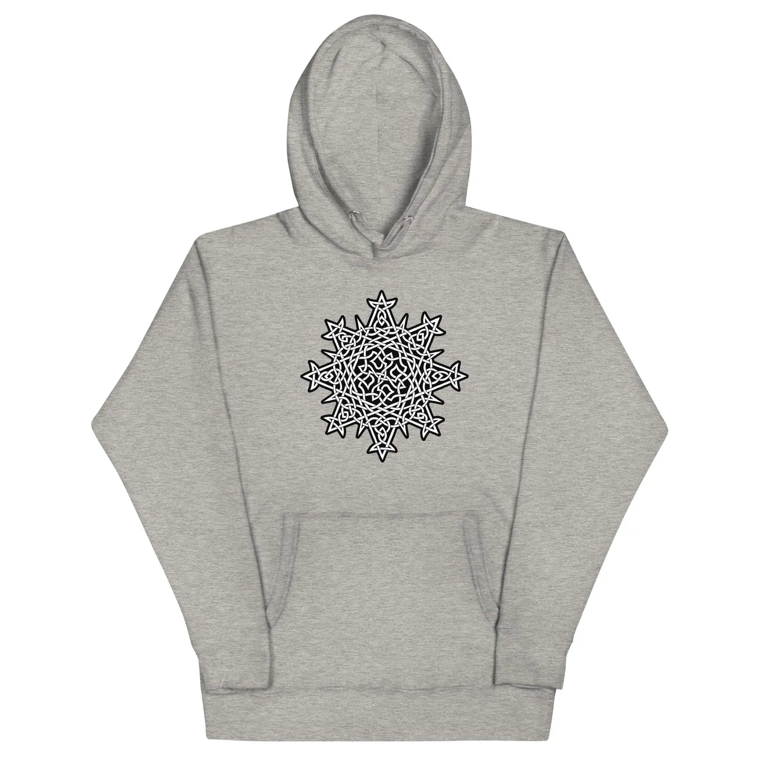A carbon grey Xigfireon graphic hoodie featuring the Black & White Solid iteration of the Morning Star Fire Celtic knot design. This Celtic knot symbolizes the Sun.