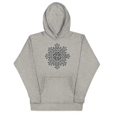 A carbon grey Xigfireon graphic hoodie featuring the Black & White Solid iteration of the Morning Star Fire Celtic knot design. This Celtic knot symbolizes the Sun.