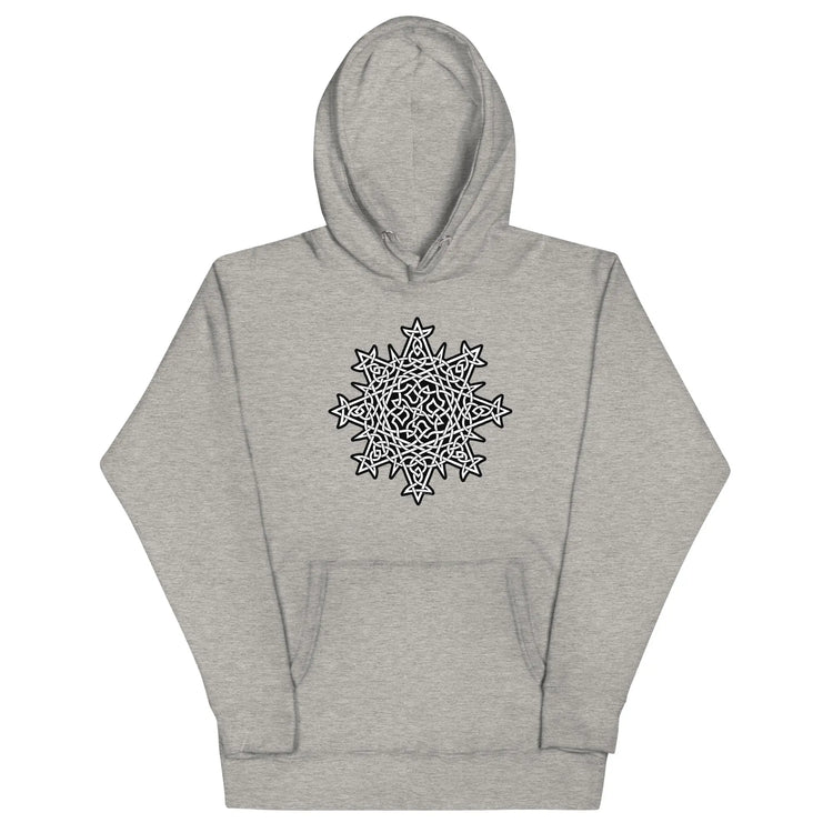 A carbon grey Xigfireon graphic hoodie featuring the Black & White Solid iteration of the Morning Star Fire Celtic knot design. This Celtic knot symbolizes the Sun.