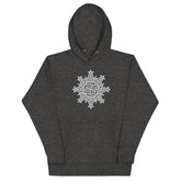 A charcoal heather Xigfireon graphic hoodie featuring the Black & White Solid iteration of the Morning Star Fire Celtic knot design. This Celtic knot symbolizes the Sun.