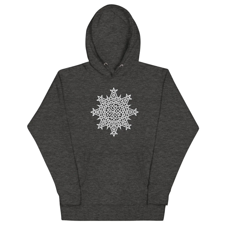 A charcoal heather Xigfireon graphic hoodie featuring the Black & White Solid iteration of the Morning Star Fire Celtic knot design. This Celtic knot symbolizes the Sun.