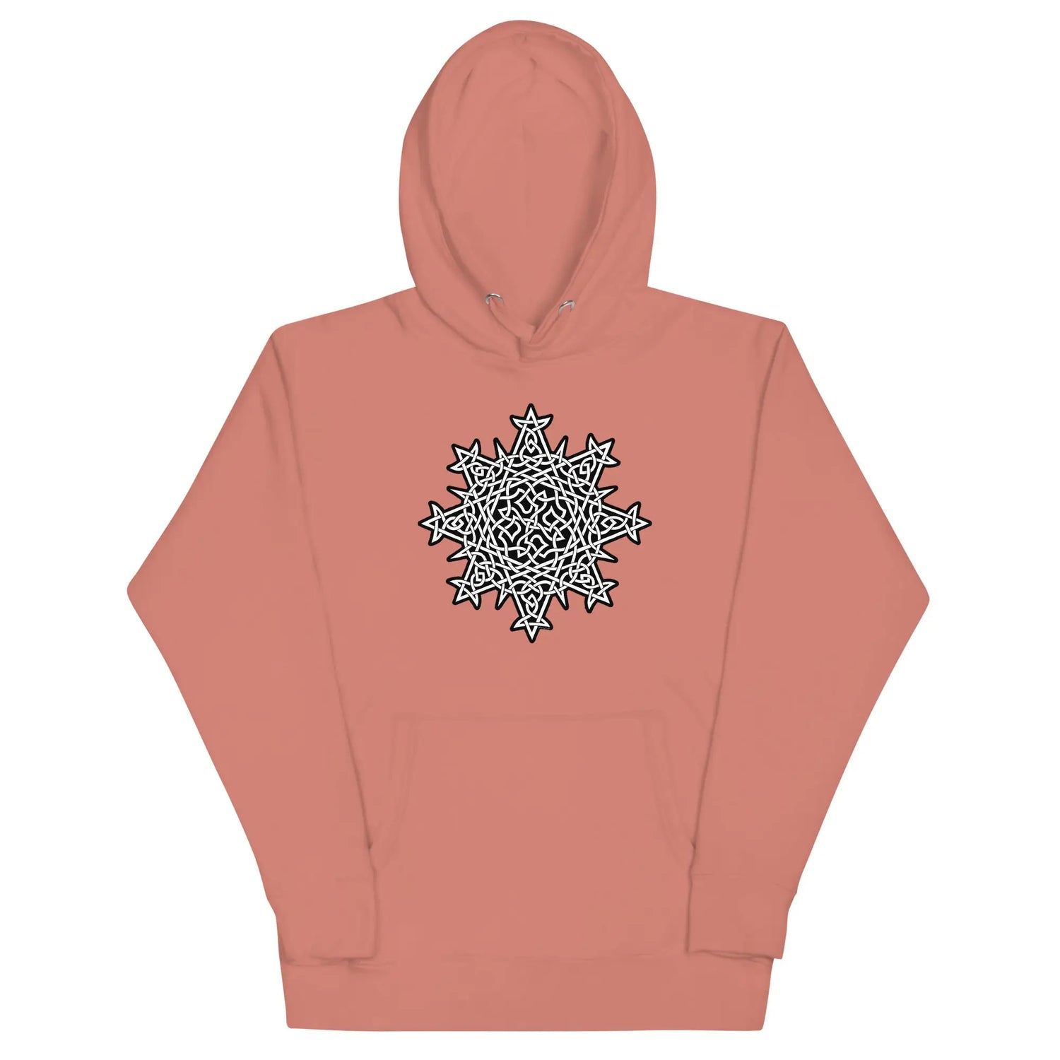 A dusty rose Xigfireon graphic hoodie featuring the Black & White Solid iteration of the Morning Star Fire Celtic knot design. This Celtic knot symbolizes the Sun.