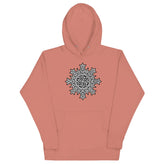 A dusty rose Xigfireon graphic hoodie featuring the Black & White Solid iteration of the Morning Star Fire Celtic knot design. This Celtic knot symbolizes the Sun.