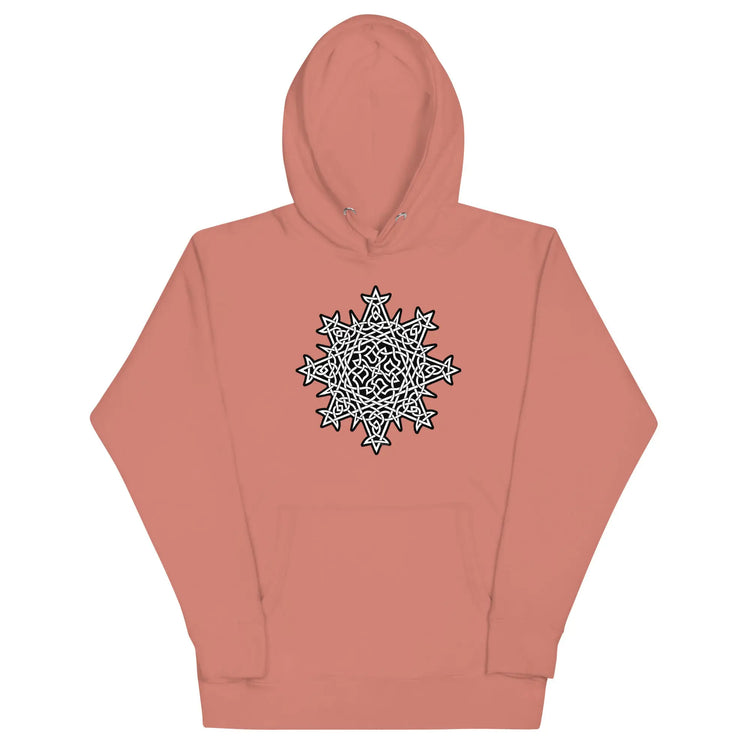 A dusty rose Xigfireon graphic hoodie featuring the Black & White Solid iteration of the Morning Star Fire Celtic knot design. This Celtic knot symbolizes the Sun.