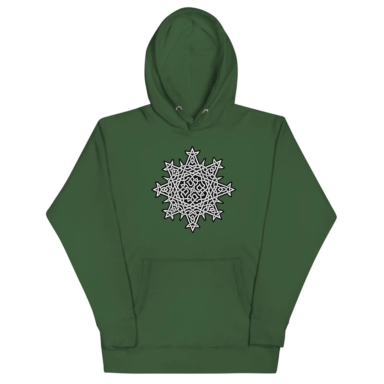 A forest green Xigfireon graphic hoodie featuring the Black & White Solid iteration of the Morning Star Fire Celtic knot design. This Celtic knot symbolizes the Sun.