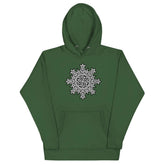 A forest green Xigfireon graphic hoodie featuring the Black & White Solid iteration of the Morning Star Fire Celtic knot design. This Celtic knot symbolizes the Sun.