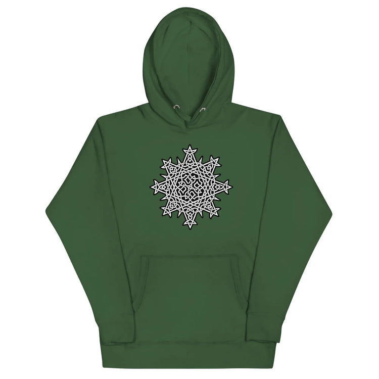 A forest green Xigfireon graphic hoodie featuring the Black & White Solid iteration of the Morning Star Fire Celtic knot design. This Celtic knot symbolizes the Sun.
