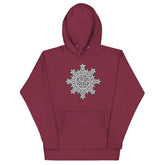 A maroon Xigfireon graphic hoodie featuring the Black & White Solid iteration of the Morning Star Fire Celtic knot design. This Celtic knot symbolizes the Sun.