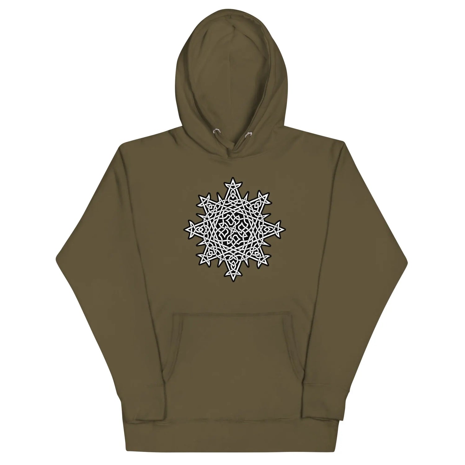 A military green Xigfireon graphic hoodie featuring the Black & White Solid iteration of the Morning Star Fire Celtic knot design. This Celtic knot symbolizes the Sun.