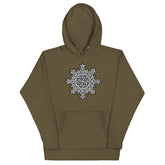 A military green Xigfireon graphic hoodie featuring the Black & White Solid iteration of the Morning Star Fire Celtic knot design. This Celtic knot symbolizes the Sun.
