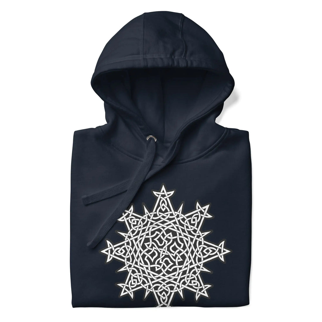 A folded navy blazer blue Xigfireon graphic hoodie featuring the Black &amp; White Solid iteration of the Morning Star Fire Celtic knot design. This Celtic knot symbolizes the Sun.