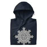 A folded navy blazer blue Xigfireon graphic hoodie featuring the Black & White Solid iteration of the Morning Star Fire Celtic knot design. This Celtic knot symbolizes the Sun.