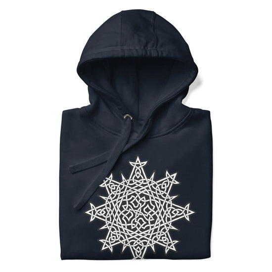 A folded navy blazer blue Xigfireon graphic hoodie featuring the Black & White Solid iteration of the Morning Star Fire Celtic knot design. This Celtic knot symbolizes the Sun.