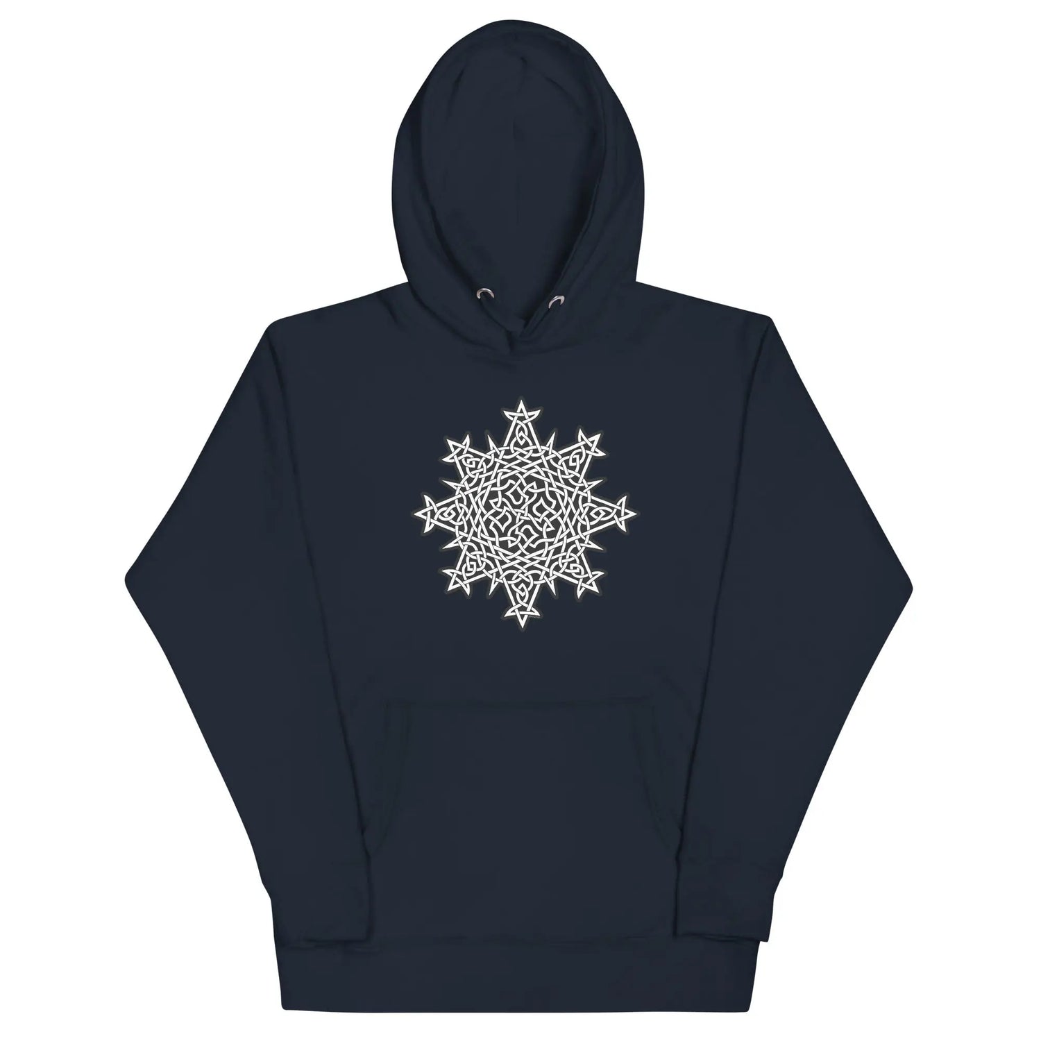 A navy blazer blue Xigfireon graphic hoodie featuring the Black & White Solid iteration of the Morning Star Fire Celtic knot design. This Celtic knot symbolizes the Sun.