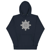 A navy blazer blue Xigfireon graphic hoodie featuring the Black & White Solid iteration of the Morning Star Fire Celtic knot design. This Celtic knot symbolizes the Sun.
