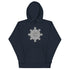 A navy blazer blue Xigfireon graphic hoodie featuring the Black & White Solid iteration of the Morning Star Fire Celtic knot design. This Celtic knot symbolizes the Sun.