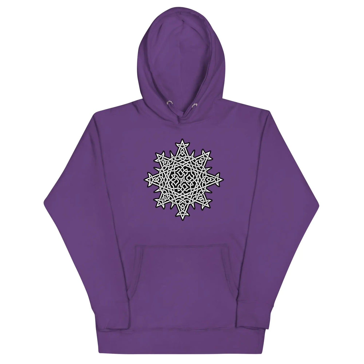 A purple Xigfireon graphic hoodie featuring the Black & White Solid iteration of the Morning Star Fire Celtic knot design. This Celtic knot symbolizes the Sun.