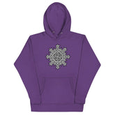 A purple Xigfireon graphic hoodie featuring the Black & White Solid iteration of the Morning Star Fire Celtic knot design. This Celtic knot symbolizes the Sun.