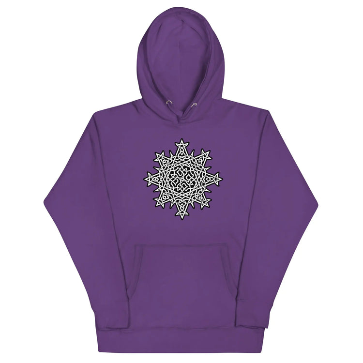 A purple Xigfireon graphic hoodie featuring the Black & White Solid iteration of the Morning Star Fire Celtic knot design. This Celtic knot symbolizes the Sun.