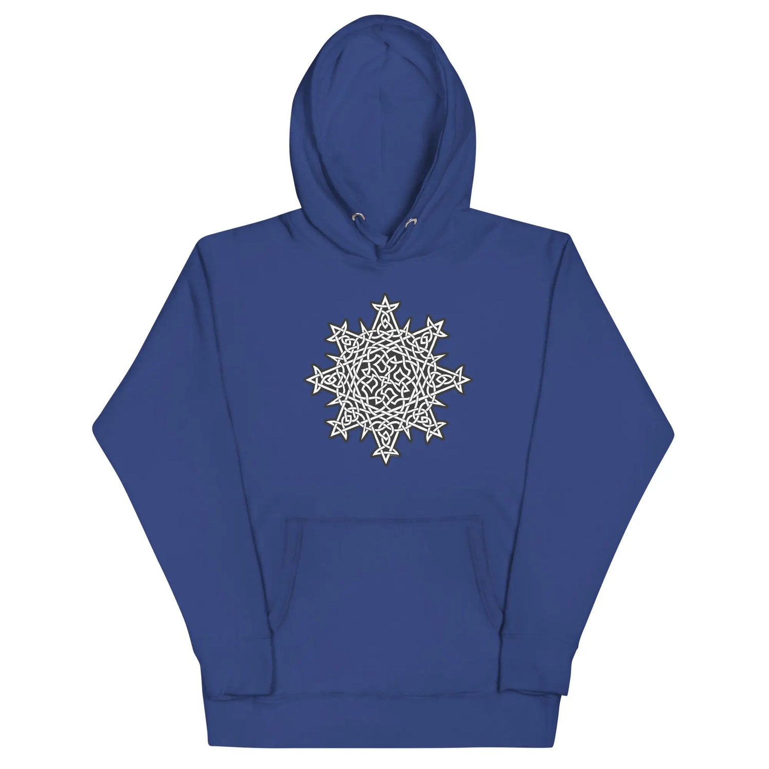 A royal blue Xigfireon graphic hoodie featuring the Black & White Solid iteration of the Morning Star Fire Celtic knot design. This Celtic knot symbolizes the Sun.