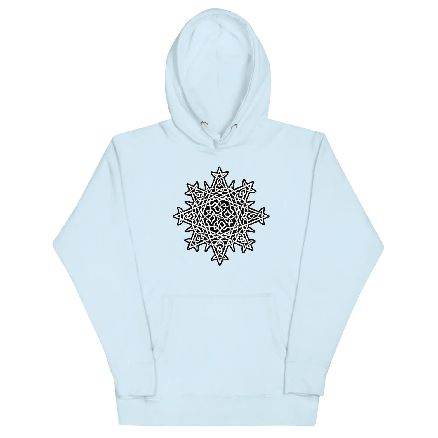 A sky blue Xigfireon graphic hoodie featuring the Black & White Solid iteration of the Morning Star Fire Celtic knot design. This Celtic knot symbolizes the Sun.