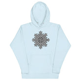 A sky blue Xigfireon graphic hoodie featuring the Black & White Solid iteration of the Morning Star Fire Celtic knot design. This Celtic knot symbolizes the Sun.