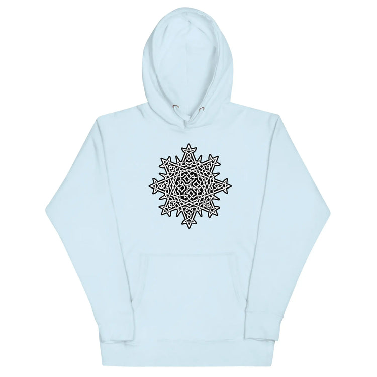 A sky blue Xigfireon graphic hoodie featuring the Black & White Solid iteration of the Morning Star Fire Celtic knot design. This Celtic knot symbolizes the Sun.